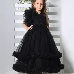 Ministitch Net Sleeveless Zariwork Embellished Double Layered Gown - Black-picture-11