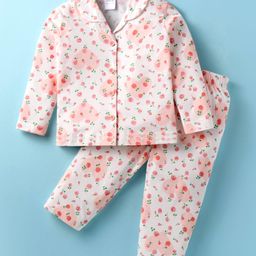Ollypop Sinker Knit Full Sleeves Night Suit With Floral Print - Baby Pink-image-82