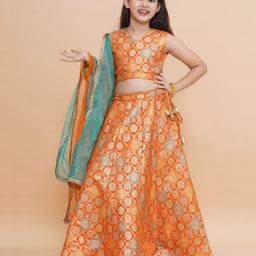 Piccolo Sleeveless Floral Foil Printed Coordinating Lehenga Choli With Lace Embellished Dupatta Set - Orange-21