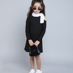 Taffykids Full Sleeves Bow Applique & Cut Out Detailed A Line Dress - Black & White-image-13