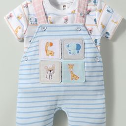 ToffyHouse Cotton Knit Dungaree & Half Sleeves T-Shirt With Animal Patch & Print - Light Blue & White-image-65