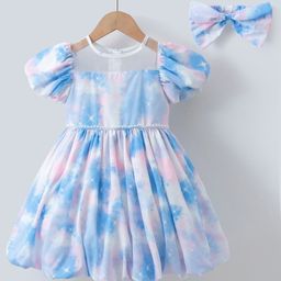Mark & Mia Half Puffed Sleeves Party Frock with Headband & Pearl Embellishment - Blue-image-11