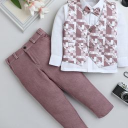Fourfolds Cotton Full Sleeves Abstract Printed 3 Piece Party Suit Set - Mauve-image-5