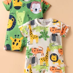 WOW Clothes Half Sleeves Rompers With Animal Print Pack of 2 - Green & White-image-15