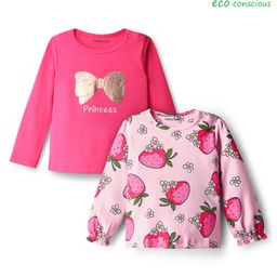 Babyoye 100% Cotton Knit With Eco Jiva Finish Full Sleeves T-Shirts with Bow Floral & Strawberry Print T-Shirt Pack of 2 - Pink & Dark Pink-image-60