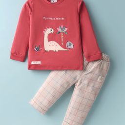 First Smile Interlock Knit Woven Full Sleeves Tshirt with Side Button & Checked Pant Set with Dino Embroidery - Mulberry Red-image-59