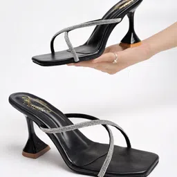 Shoetopia Stones Embellished Slip On Spool Heels Sandals - Black-picture-18