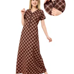 Piu Cotton Woven Half Sleeves Checked Maternity Nighty With Centre Front Nursing Access - Brown-picture-42