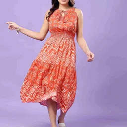 RANGRIWAZ Women Printed Keyhole Neck Fit & Flare Midi Dress-image-11