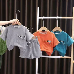 POP STREET KIDS Boys Textured Round Neck T-shirt With Shorts-image-35