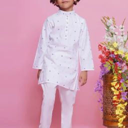 Little Bansi Kids White Printed Full Sleeves Kurta with Pyjamas-image-127