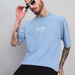 Griffel Blue Cotton Loose Fit Printed T-Shirt-image-33