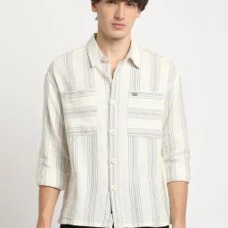 The Bear House White Cotton Relaxed Fit Striped Shirt-image-21