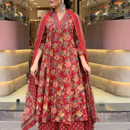 DIVASTRI Floral Printed V-Neck Anarkali Kurta With Palazzos & Dupatta-5