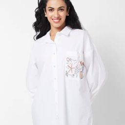 Spykar White Cotton Embroidered Long Shirt-image-69
