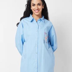 Spykar Sky Blue Cotton Embroidered Long Shirt-image-88