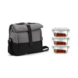 Femora Borosilicate Transparent & Grey Glass Square Lunch Container With Bag Set (0.3 L)-41