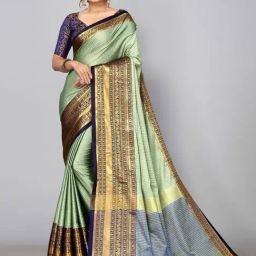 Satrani Green Woven Saree With Unstitched Blouse-image-83