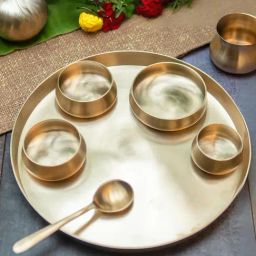 Ambi Curved Brass Thali Set - Set Of 7 Pieces - Matt Finish - Heavy Grade-image-7