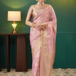 Satrani Pink Tissue Silk Woven Saree With Unstitched Blouse-image-98