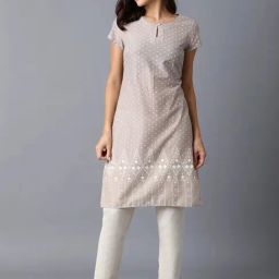W Beige Cotton Printed Straight Kurta-image-78
