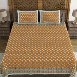 BLOCKS OF INDIA Brown & White Floral 120 TC King Bedsheet with 2 Pillow Covers-image-99