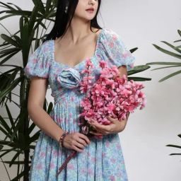 Sera Blue & Pink Floral Print Fit & Flare Dress-picture-41