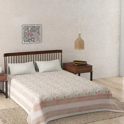 Fabindia Vardaniya Red & Green Floral Printed Cotton Queen Bed Cover-picture-5