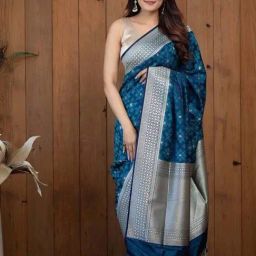 SHUBHKALA Blue Silk Woven Saree With Unstitched Blouse-image-80