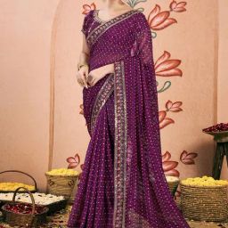 Satrani Purple Chiffon Printed Saree With Unstitched Blouse-image-97