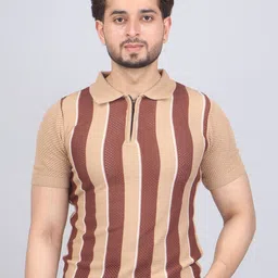 FEVERFEW Striped Polo Neck Cotton Regular Fit T-shirt-picture-41