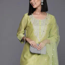 Varanga Floral Embroidered Regular Chanderi Silk Kurta with Trousers & Dupatta-image-63