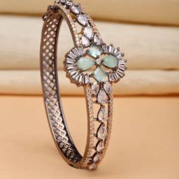 Zeneme Rose Gold Plated Gunmetal Toned Green American Diamond Bracelet-7
