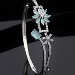Zeneme Rhodium Plated Silver Toned Flower Sea Green American Diamond Kada Bracelet-image-96