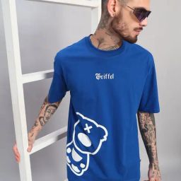 Griffel Blue Cotton Loose Fit Printed T-Shirt-image-34