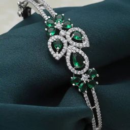 Zeneme Silver Toned Rhodium Plated Green American Diamond Floral Openable Bracelet-18