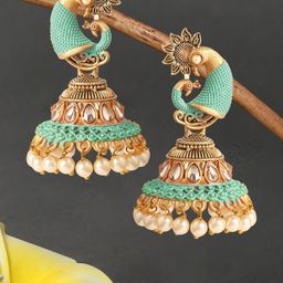 Anouk Kundan Studded & Beaded Peacock Shaped Meenakari Jhumkas-27