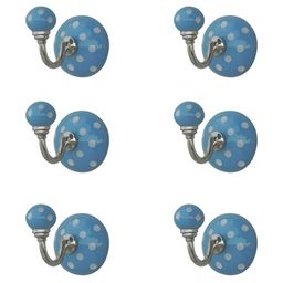 IndianShelf Blue & White 6 Pcs Dotted Printed Ceramic Wall Hooks-10