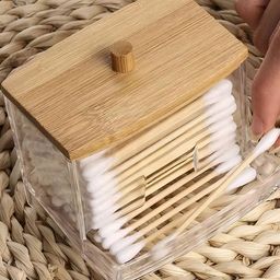 DecorTwist Transparent Cotton Buds Dispenser Bathroom Organizer With Bamboo Lid-40