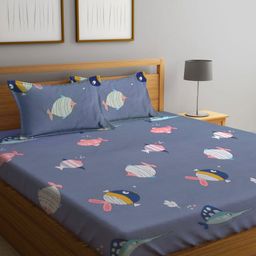 Myntra Elegant Homes Blue Graphic Printed Fitted 300 TC King Bedsheet Set 2.50 m x 2.20 m-image-1