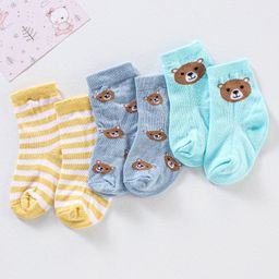 Cute Walk by Babyhug Anti Bacterial Ankle Length Non Terry Striped Socks Bear Design Pack of 3 - Blue Yellow-image-98