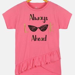 Kiddopanti Half Sleeves Always Look Ahead Printed Side Frill Detail Tee - Pink-image-37