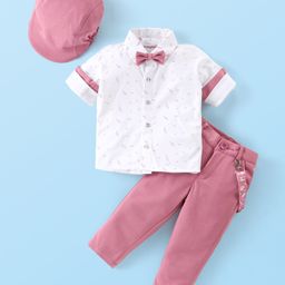 Babyhug Full Sleeves Musical Notes Printed Stretch Fit Party Shirt & Trousers with Cap & Bow - Peach & White-image-97