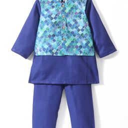 Babyhug Cotton Woven Full Sleeves Kurta & Pyjama Set with Printed Waistcoat - Blue-image-41