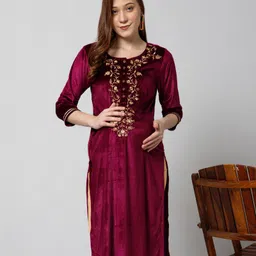 Zelena Velvet Three Fourth Sleeves Floral Embroidered Zip Less Maternity Feeding Kurta - Purple-picture-48