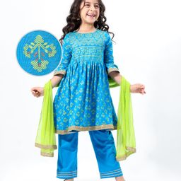 Earthy Touch 100% Cotton Knit Three Fourth Sleeves Kurti With Salwar & Dupatta Set Floral Print - Blue & Green-image-15