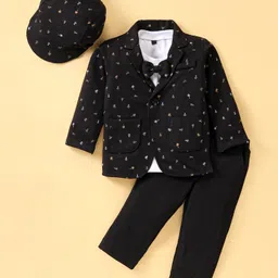 Robo Fry Full Sleeves T-Shirt & Trouser Set Nautical  Theme Print with Hat & Bow Applique -  Black-image-81