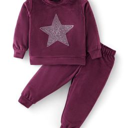 Babyhug Velour Woven Full Sleeves  Winter Wear Suit with Sequin Star Detailing - Wine-image-25