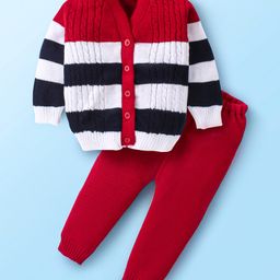 Babyhug Knitted Full Sleeves Front Open Striped Sweater Set with Cable Knit Design  - Red & Navy Blue-12
