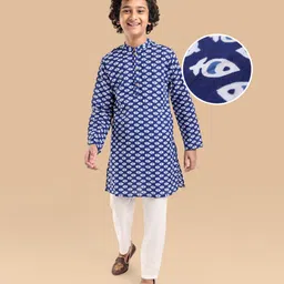 pine kids Pine Kids Cotton Woven Full Sleeves Printed Kurta Pyjama Set - Blue-picture-37